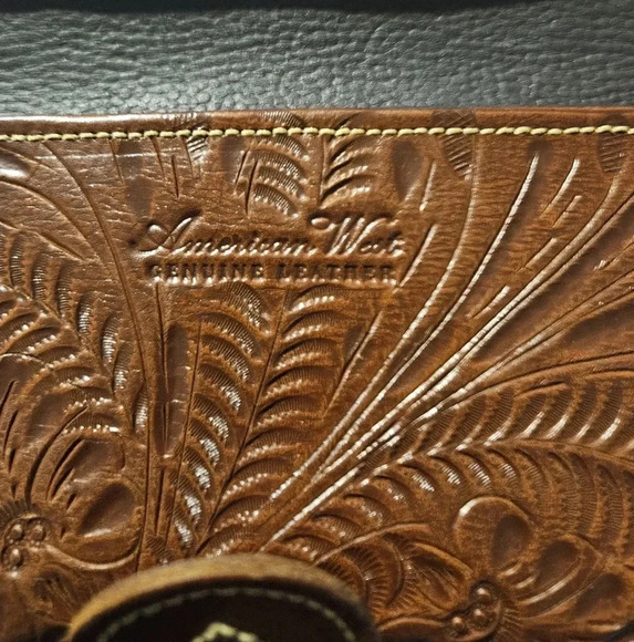 Rustic Hand Tooled Western Genuine Leather Wallet Checkbook  American West - Picture 4 of 5